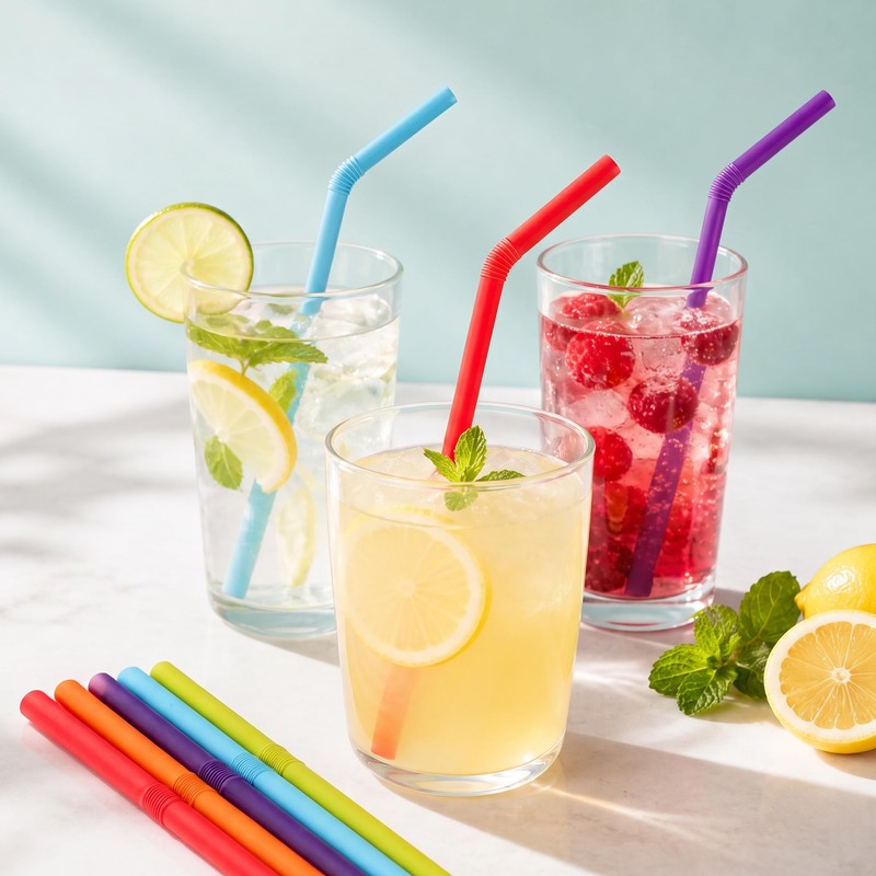 200PCS Biodegradable Sugarcane Straws-8.5" Bendy Disposable Drinking Straws