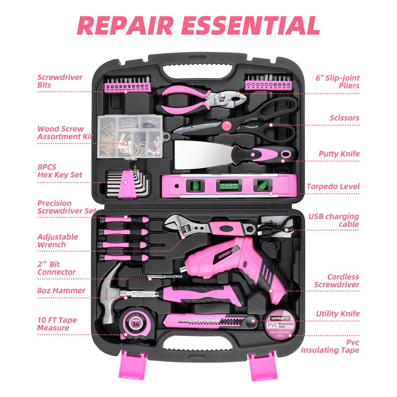 URASISTO Pink Household Tool Set with 3.6V USB Electric Screwdriver,