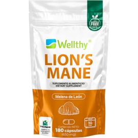 Wellthy Lion’s Mane 180 Cápsulas. Melena de León 750mg c/u, 1500mg por Porción, 3 Meses de Consumo, VCaps Cápsulas Veganas