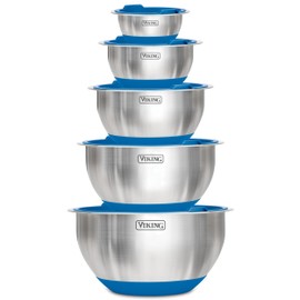 Viking Mixing Bowls Set, 10 Piece Stainless Steel Kitchen Cookware, Non-Slip Silicone Base, Includes Tight Fit Lids, Dishwasher Safe, Blue