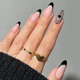 Sethexy Abstract Stiletto False Nails Nude Pink Nails Stick On Snake Line False Fingernails 24 Pieces Acrylic Art Press on Nail Tips for Women and Girls (Black4)