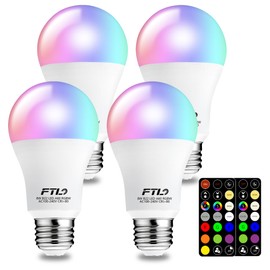 FTL Color Changing Light Bulb with Remote Control, A19 E26 Dimmable RGB LED Colored Light Bulbs 8W 60W Equivalent, 30 Colors, 2700K-6000K, Timer, Multi Color Recessed Light Bulbs for Bedroom, 4-Pack