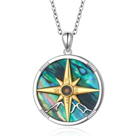 Mountain Compass Necklace 925 Sterling Silver Abalone Shell Pendant Mustard Seed Necklace Graduation Travel Birthday Anniversary Christmas Christian Jewelry for Campers Hikers Climbers Nature Lovers