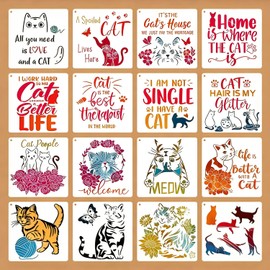 16 Pcs Cat Stencils for Painting Reusable Plastic 6×6 Inch Quote Kitty Stencils Drawing Templates for Crafts DIY Wall Canvas Notebook Knit Card Wood