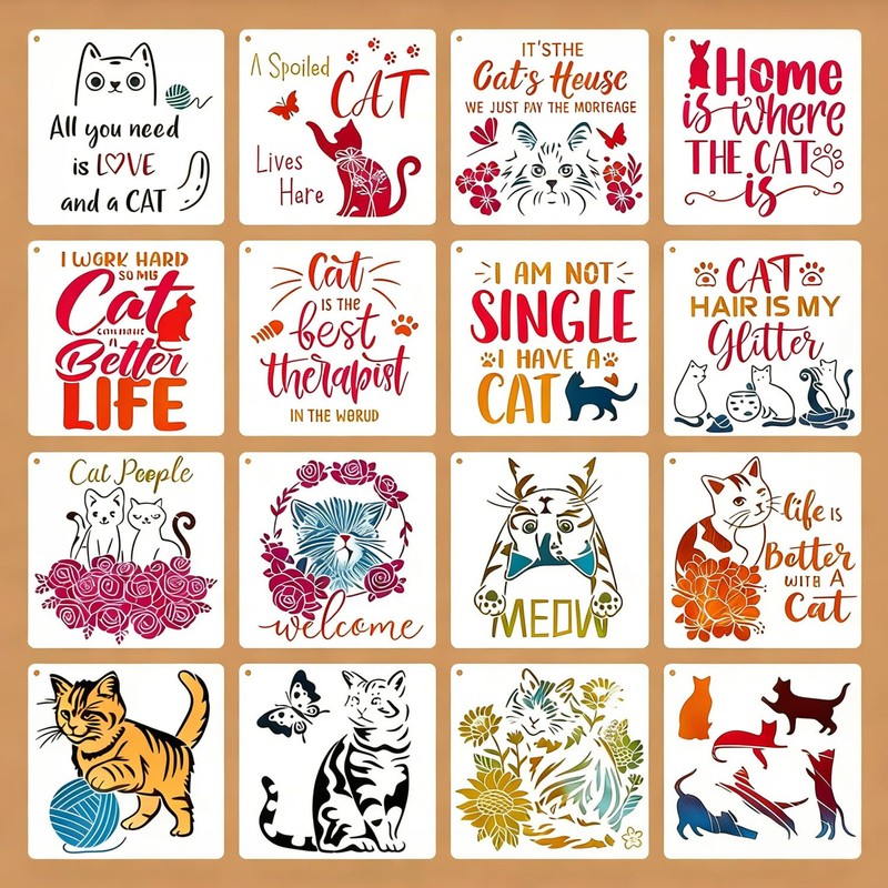 16 Pcs Cat Stencils for Painting Reusable Plastic 6×6 Inch