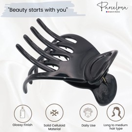 Parcelona French Basic Curved Paw Medium 3 1/4” Celluloid Acetate Side Slide In Jaw Yoga Hair Claw Wide Beak Hair Clip for Women and Girls Durable Stylish Hair Accessories, Made in France (Solid