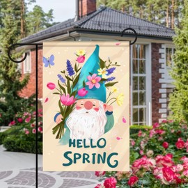 BlissYard Hello Spring Garden Flag Double-Sided Holiday Decoratios Gnome with Flowers Backdrop Design 12x18 Inches Garden Decor Yard Flag for Outdoor Decoration