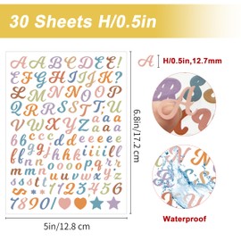 4800 PCS 30-Sheet Small Letter Stickers 0.5 Inch for Water Bottle Scrapbook 1/2" Half Inch Mini Deco Colorful Alphabet Stickers Waterproof Vinyl Letter Stickers for Label Book DIY(Cursive Font,Boho)