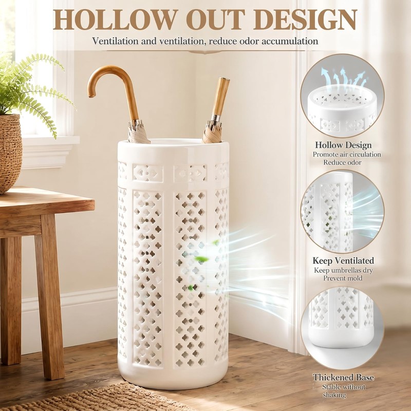 Sawysine White Ceramic Umbrella Stand with Hollow-out Design Heavy Porcelain