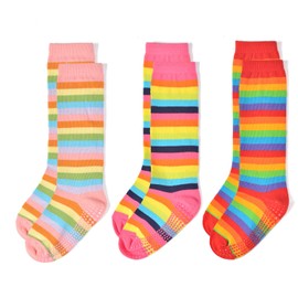 EPEIUS Baby Girl Rainbow Striped Knee High Socks Soccer Socks Cotton Non-Skid Uniform Tube Stockings Infant Grip Socks for 3-12 Months,3 Pairs,Classic Rainbow Multi