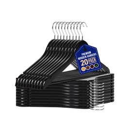 Lifemaster Wooden Hanger Set - 20 Pieces Non-Slip Versatile Closet Space-Saving Hanger Set for Suit, Coat, Camisole, Jacket, Pants, and Dresses with 360° Swivel Hook - Black