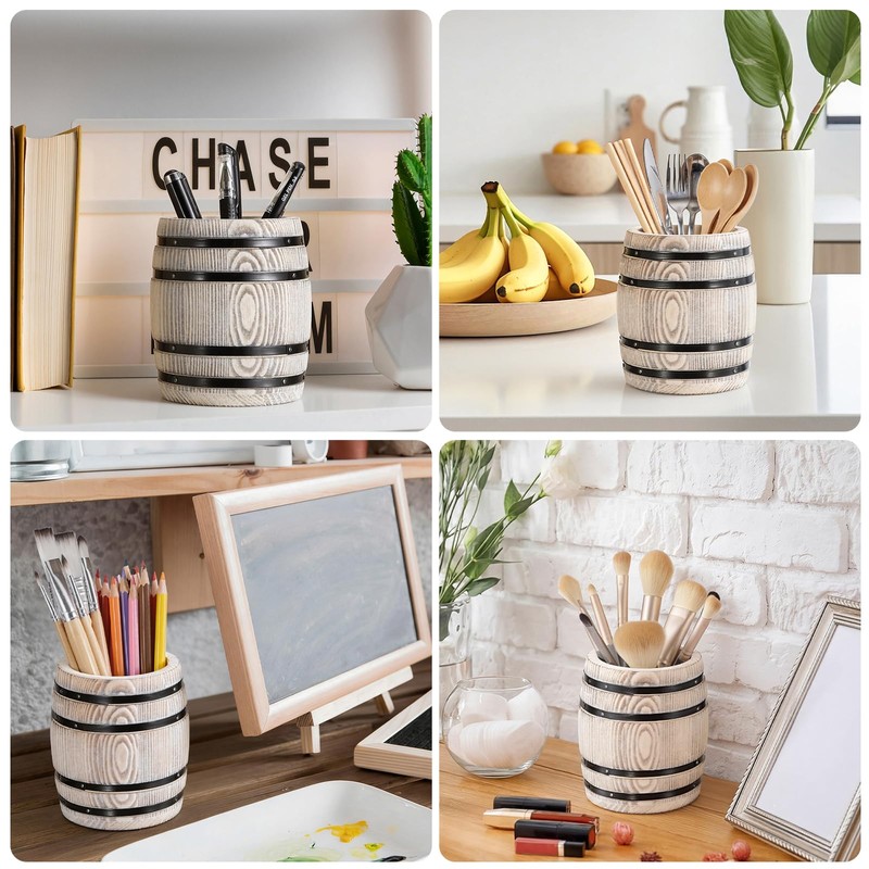 Hoowen Rustic Wooden Pen Holders for Desk, Wine Barrel Funny