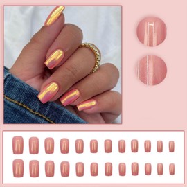 Chrome Press on Nails Medium Square Fake Nails with Pink Glossy Design Acrylic Nails Square Nails Press ons Full Cover Stick on Nails Glue on Nails for DIY Nail Art for Women 24Pcs