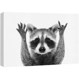 SIGNFORD Canvas Print Wall Art Raccoon Closeup Portrait Animals Wildlife Photography Realism Decorative Elements Relax/Calm Grey Cool Black and White for Living Room, Bedroom, Office - 12"x18"