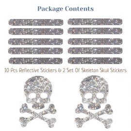 CB Rhinestone Car Bling Stickers Decals, Luxe Decor Auto Styling, Universal for Door Handle, Side Rearview Mirror, Car Bumper Reflective, 2 Set of Skeleton Skull