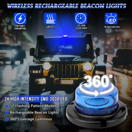 OPL5 Remote Control Beacon Light, Rechargeable Wireless Blue Flashing Lights with Magnetic, High Low Brightness, 15 Modes Strobe Lights for Snowplow Tow Work Trucks Tractor