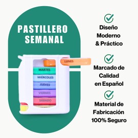 Weekly Pill Box with 4 Sockets, Monthly Pill Box, Daily Pill Box, Large and Easy to Use, Travel Pill Box Independent Compartments, Lightweight, Durable with Cutter, BPA Free, Spanish