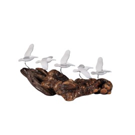 5 Pelicans in Flight by John Perry 11 inch Long Sculpture on Polished burlwood Base. Signed.