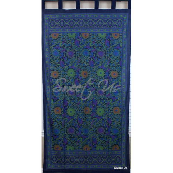 India Arts Sunflower Tab Top Curtain-Drape-Door Panel-Navy Blue