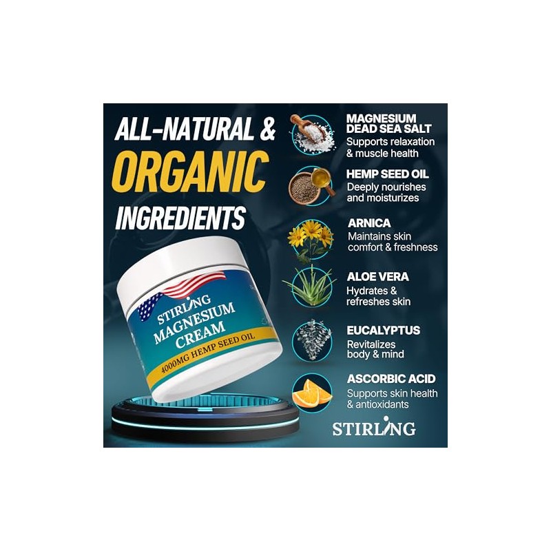 STIRLING Magnesium Cream - 4000mg Hemp Seed Oil, Magnesium, Arnica