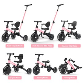 XJD Toddler Bike, 6 in 1 Folding Toddler Tricycle for 1-4 Year Old with Parental Control Handle, Balance Bike with Removable Pedal, Backrest, Adjustable Seat and Handle, First Birthday Gifts (Pink)