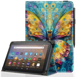 Pudiceva Universal 10 10.1 Inch Android Tablet Case,Slim Folding Stand Cover for All 9"-10.5" Touchscreen Tablet Case with Stylus Pen Holder,Butterfly 09