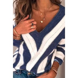 Ancapelion Women’s Colour Block Blue Striped Jumper Long Sleeve Chunky Sweater V Neck Hollow Out Knit Pullover Tops Knitwear for Ladies