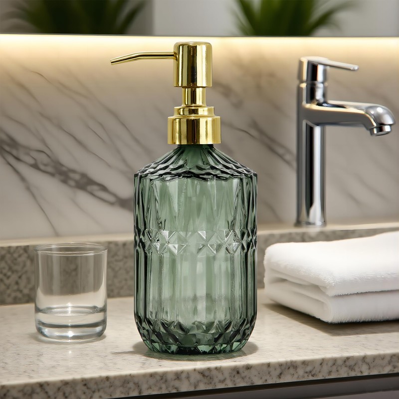Hzxcuim 18oz Green Glass Soap Dispenser, Refillable Kitchen, Bathroom Thick