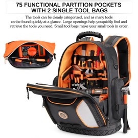 Tool Bag Backpack with 2 Canvas Tool Pouch Tool Kit, 75 Pockets & Loops Heavy Duty Tools Organizer/HVAC Tool Carrier for Eelectrician/Construction Work with Molded Base and Combination Lock, Black