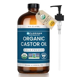 Florisan Aceite de ricino orgánico certificado por USDA, botella de vidrio de 16 onzas, prensado en frío, sin hexano, sin OMG, vegano, 100% puro aceit