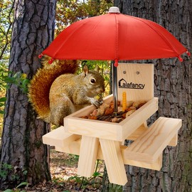 Squirrel Table Feeder with Umbrella, Lalafancy Wooden Picnic Table Feeder for Squirrels with Corn Cob Holder, Squirrel and Chipmunk Gifts for Squirrel Lovers, Built Strong from Pine Wood
