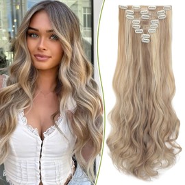 Fanguilar Clip in Hair Extensions, 8PCS 24 Inch Clip in Long Wavy Synthetic Hair Extensions ABleach Blonde mix Light Blonde Fiber Double Weft Natural Hairpieces for Women