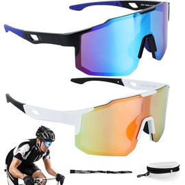 ROTKUSZ Schnelle Brille 2er Set, Fahrradbrille Herren Damen Sport Sonnenbrille Herren UV400 Schutz Winddicht Sonnenbrille Herren Sport für Radfahren, Motorradfahren, Bergsteigen, Blau + Orange