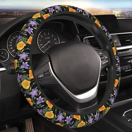Funda de volante de flores de campanario amarillo morado, para mujeres, hombres y niñas, accesorios de coche, decoración antideslizante, de neopreno, para volante de automóvil, protector universal, 15 pulgadas