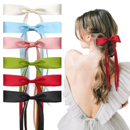 6Pcs Hair Bow Clips for Women Girls, Hair Ribbon Hair Clips With Long Tail, Tassel Ribbons Bowknot Hair Claw, Cute Silky Satin Hair Accessories, Hair Barrettes with Bow for Girls Toddlers Teens Kids