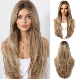 OUFEI Ombre Ash Blonde Wigs for Women Long Wig with Fringe Natural Straight Wigs Synthetic Hair Heat Resistant Wigs for Daily Party Cosplay Wear