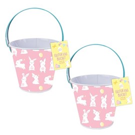 Easter Baskets, Buckets, Accessories - Set of 2 Mini Metal Buckets for Egg Hunt Happy Easter (Pink Bunnies)
