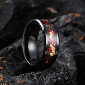 King Will Mens 8mm Black Tungsten Carbide Wedding Ring Red and Gold Foils Inlay Tungsten Ring Wedding Band Beveled Edge R(9)