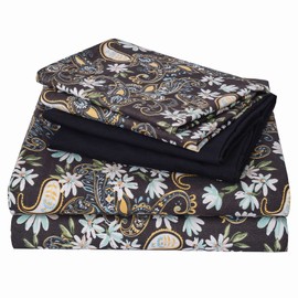 JSD Black Paisley Floral Printed Sheet Set King Size 6 Piece, Soft Pattern Microfiber Bed Sheets Extra Deep Pocket