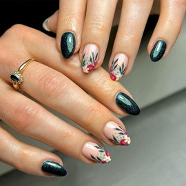 Fall Press on Nails Short Oval Retro Floral Fake Nails with Designs Full Cover Short Almond Glue on Nails Dark Green Glitter Acrylic False Nails for Women 24 Pcs