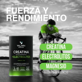 VALARA - Creatina Monohidratada Con Electrolitos En Polvo - Rehidratación y Performance 2 en 1 - Fórmula Deportiva - Sabor Limón 450 g - 45 porciones 