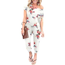 YUNDAI Women Loose Casual Off Shoulder Jumpsuit Elastic Waist Stretchy Long Romper with Pockets XL, Floral White