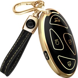Lucrum Compatible with Hyundai IONIQ 6 Key Fob Cover & Leather Keychain, 5 Buttons TPU Keyfob Case for Santa Fe, Grandeur, KONA, Elantra (2022-2025) - Black and Gold