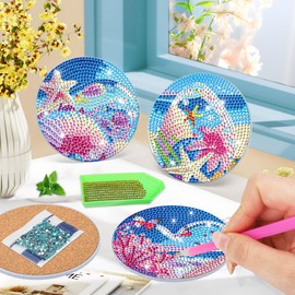 Lxmsja Beach Diamond Painting Coasters with Holder, Diamond Art Coasters Set of 6 for Adults Kids Beginners, DIY Funny Drinks Coasters with Cork, Craft Sets Gifts for Women Girls Kids