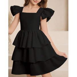 21KIDS Girls Summer Dress Flutter Sleeve Smocked Tiered Elegant Casual Dresses for Girls 12 Years Black