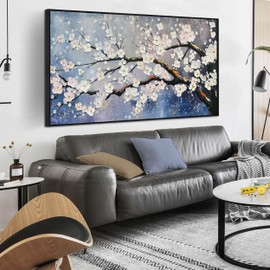 HUBOSKN Plum Blossom Tree Hand Painted Wall Art for Living Room - Flower Painting Wall Art for Office - Framed Wall Art Large Modern 29" x 59"