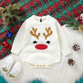 Saliuentm Newborn Sweater Romper Baby Girl Boy Christmas Outfit Deer Print Knit Warm Onesie Baby Ugly Christmas Sweater(A-White,0-3 Months)