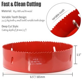 Koopi 6 1/2 inch Hole Saw with Heavy Duty Arbor, 38mm Depth Bi-Metal Hole Cutter, Easily Drilling Wood, Plastic, Plywood, Ceiling, Thin Metal (6.5 in / 165mm Dia)