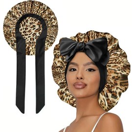 New Double Layer Satin Adjustable Bonnet with Tie Band forSleeping Satin Lined Silk Skin Friendly Bonnets for womenNatural Curly Hair Ladies' Gift HaircareHeatless Golden Soft:_leopard