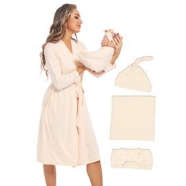 QTECLOR Maternity Robe with Matching Swaddle Blanket Set,Maternity Barhrobe Delivery Labor Robe for Hospital Women Dress